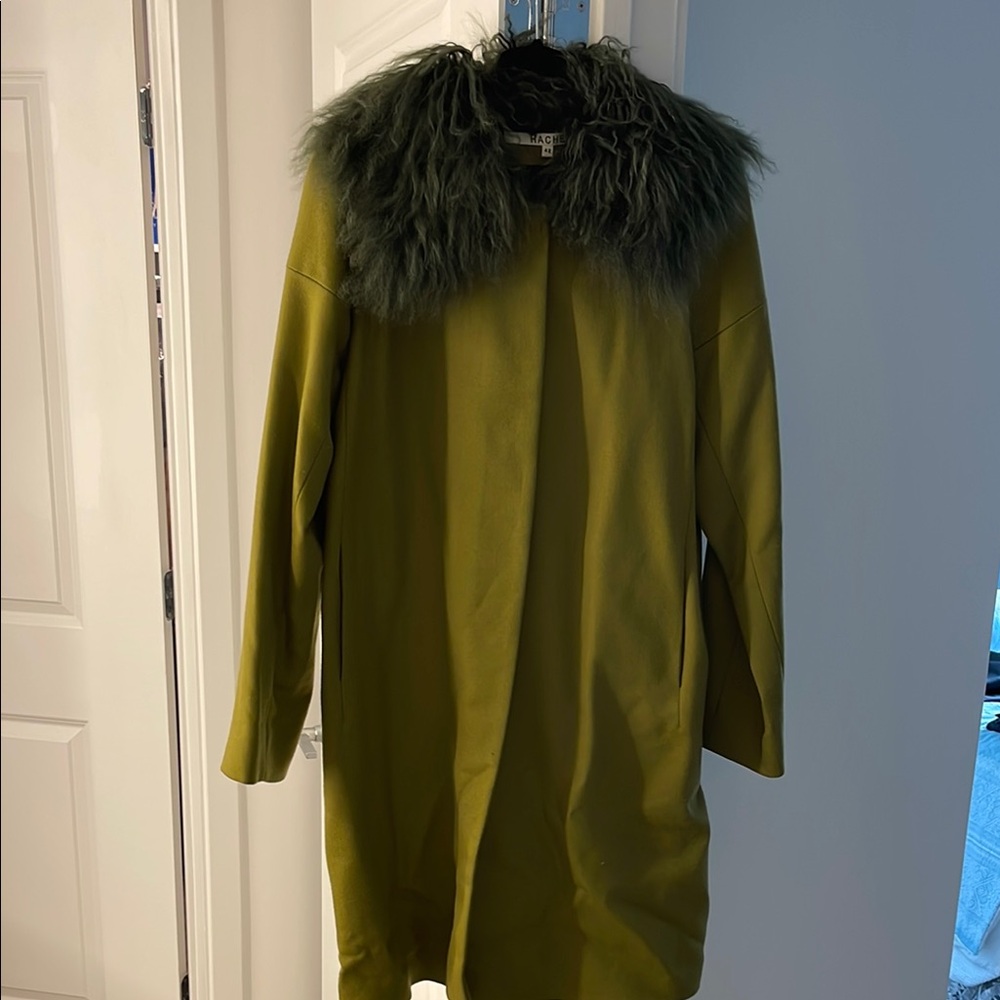 Olive Green Trench Coat with Dark Fur Collar